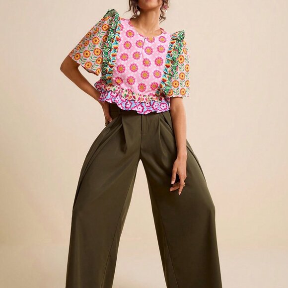 Tops - Multicolor Boho Women's Floral Patchwork Cropped Blouse with Ruffle Hem